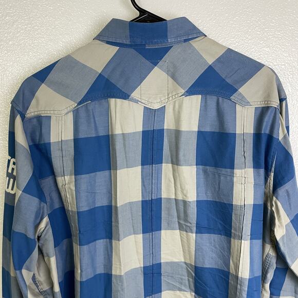 G-Star RAW Shirt Mens XL Blue Gray Plaid Button Up Western Pearl Snap Denim - Picture 11 of 12